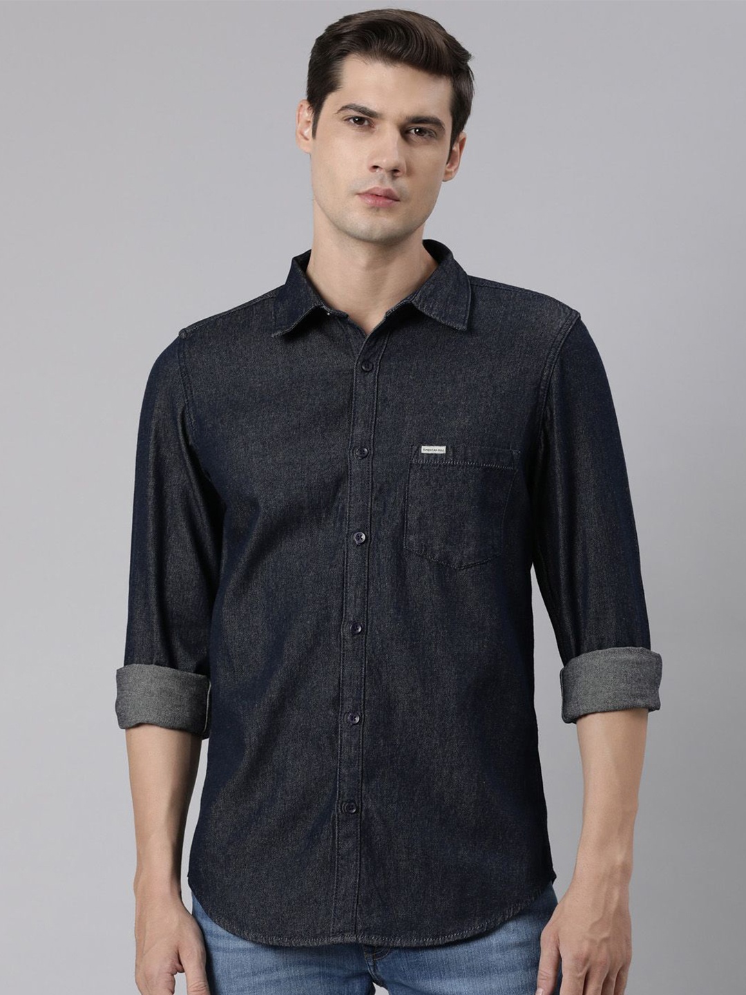 

American Bull Men Spread Collar Solid Cotton Slim Fit Casual Shirt, Blue