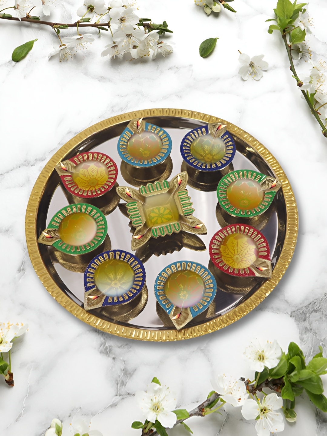 

Metalsmith Red & Green Textured Metal Pooja Thali With Diyas, Gold