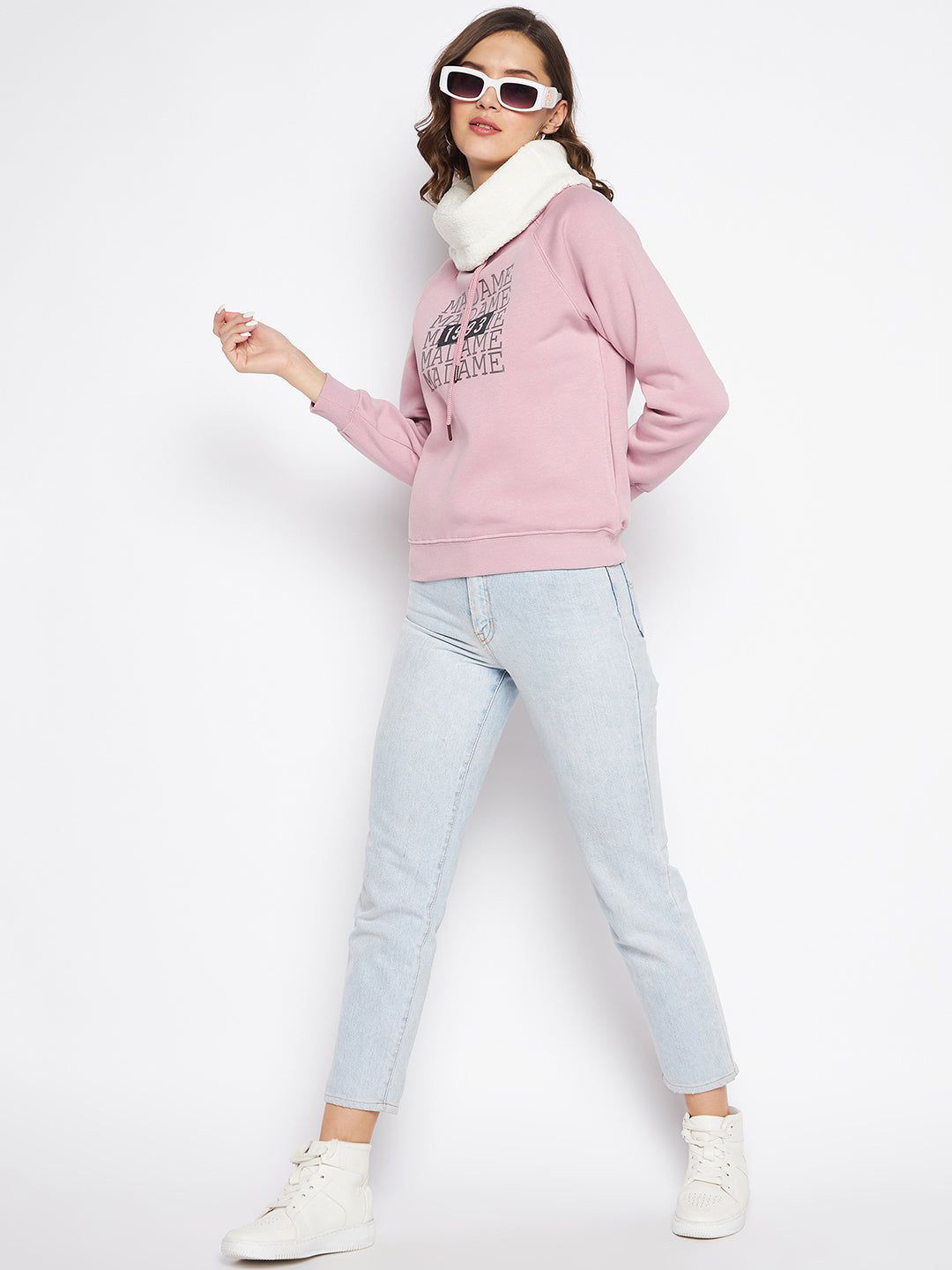

Madame Women Typography Printed Cotton Hooded Sweatshirt, Pink