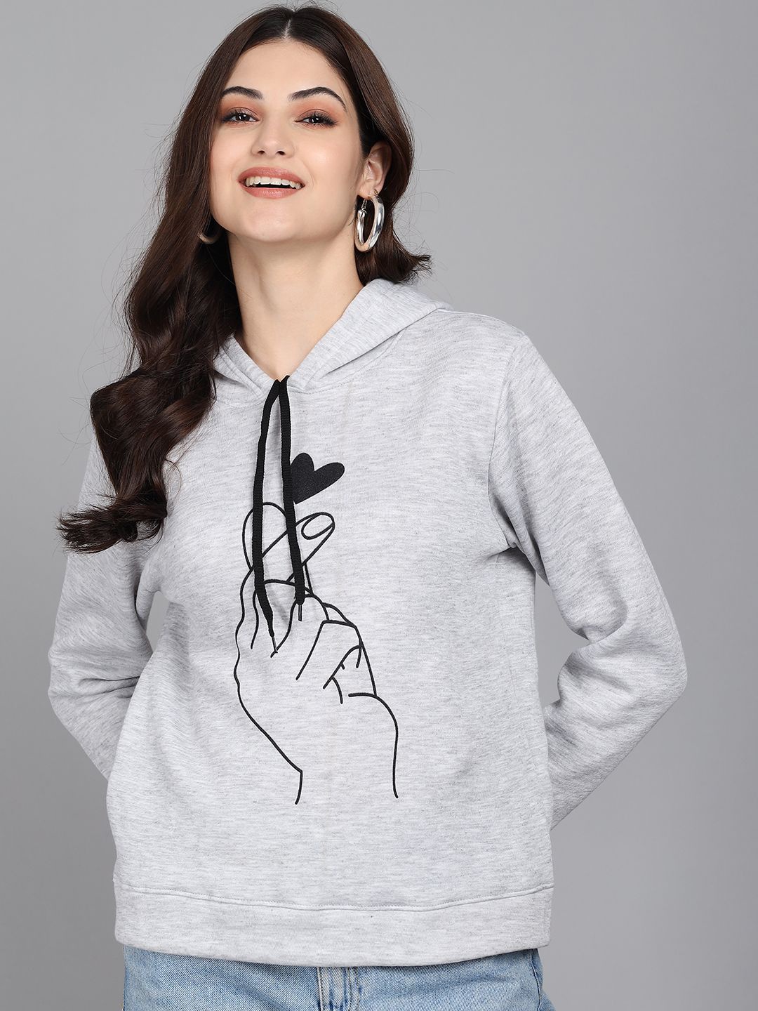 

Raabta Fashion Women Hand Printed Long Sleeves Hooded Sweatshirt, Grey