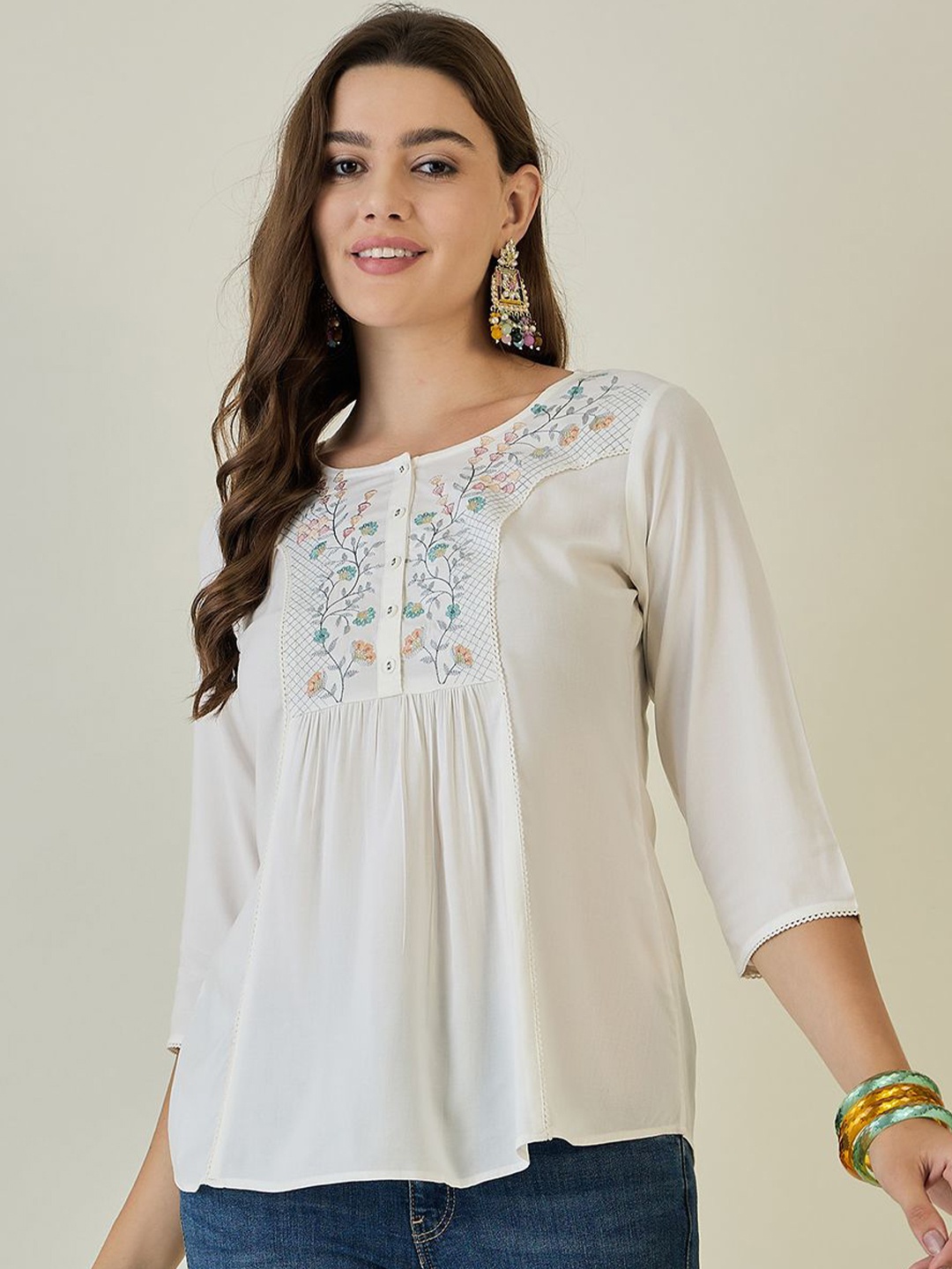 

Anouk Women Round Neck Three-Quarter Sleeves Top, Off white