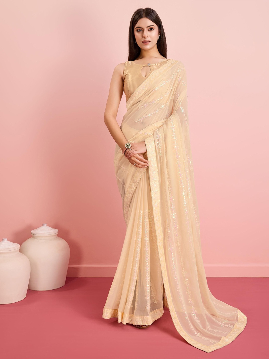 

VAIRAGEE Embellished Sequinned Ready to Wear Saree, Cream