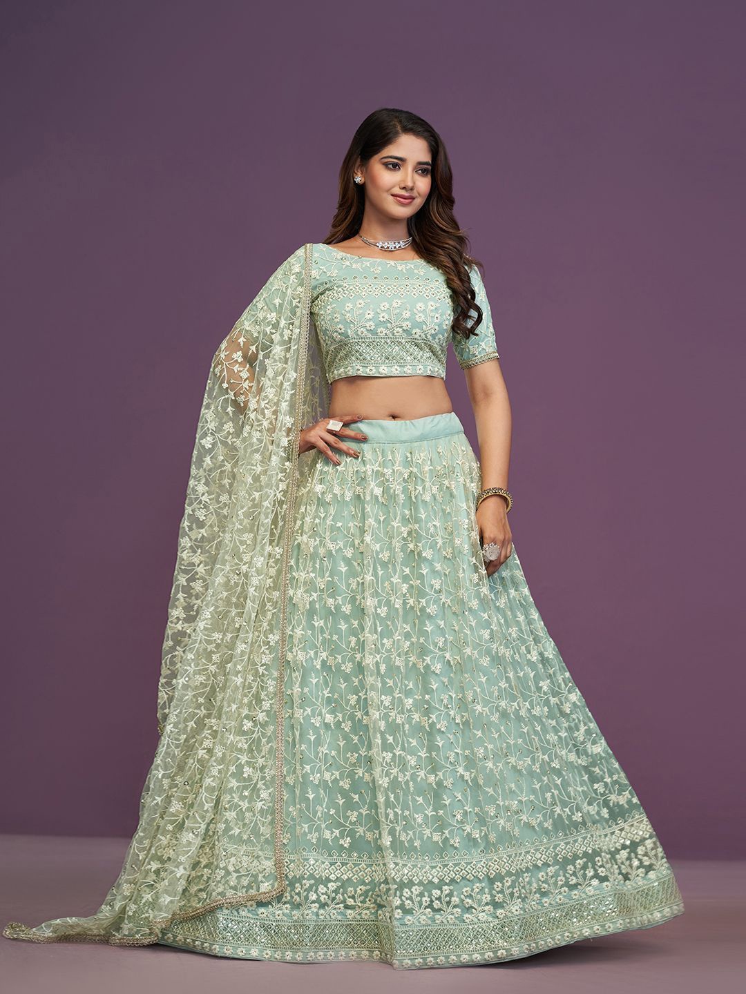 

JIHU CULTURE Embroidered Sequinned Semi-Stitched Lehenga & Unstitched Blouse With Dupatta, Green