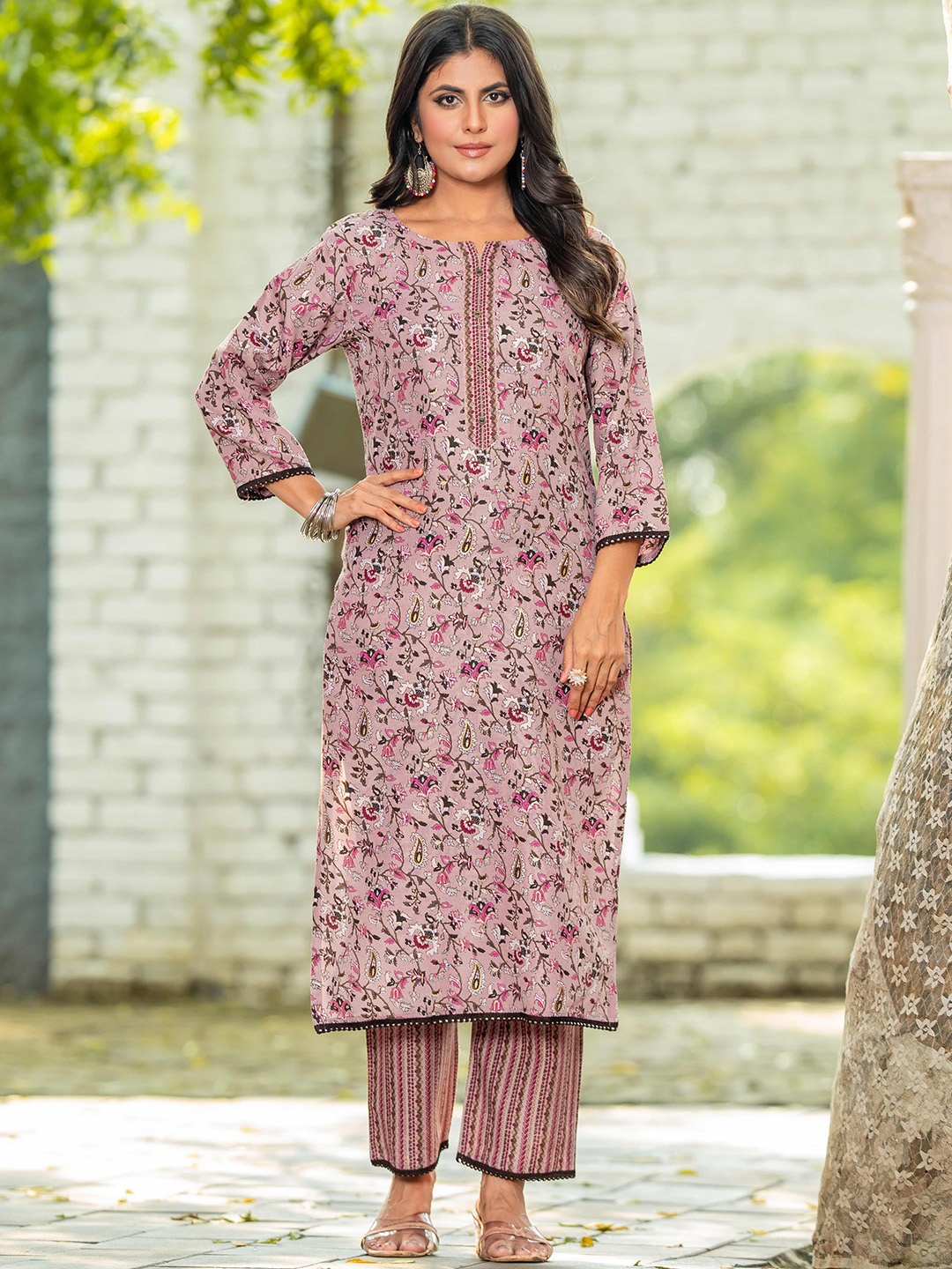 

VORHIZA Floral Printed Notched Round Neck Straight Kurta with Trousers, Pink