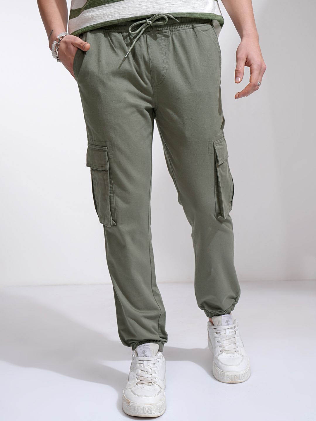 

HIGHLANDER Men Cotton Slim Fit Casual Joggers Cargo Pocket Trousers, Olive