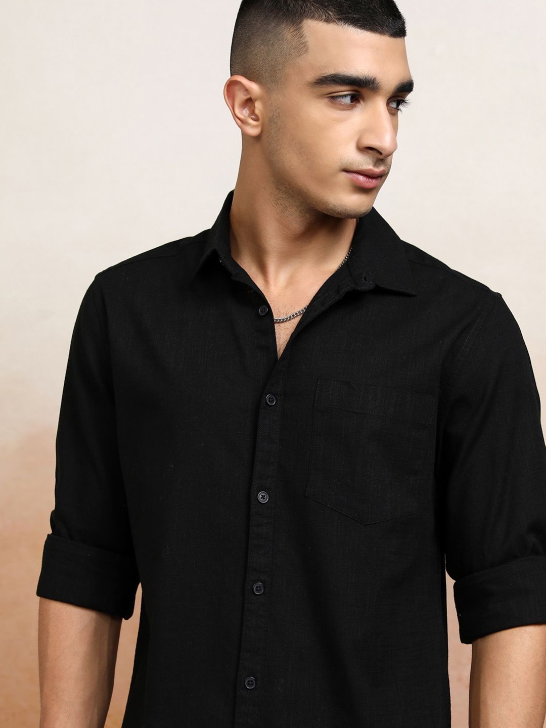 

Ketch Men Cotton Linen Solid Casual Shirt, Black