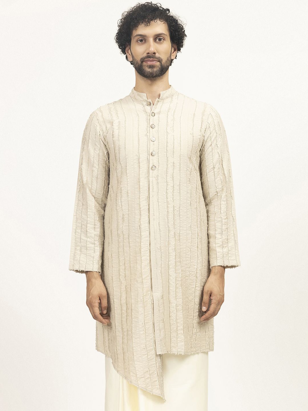 

LELA Men Woven Design Band Collar Asymmetric Straight Kurta, Beige