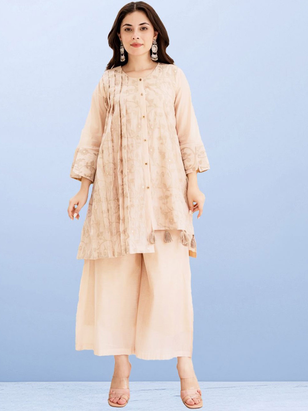 

CUSTARD Embroidered Pure Cotton Tunic With Palazzo, Beige