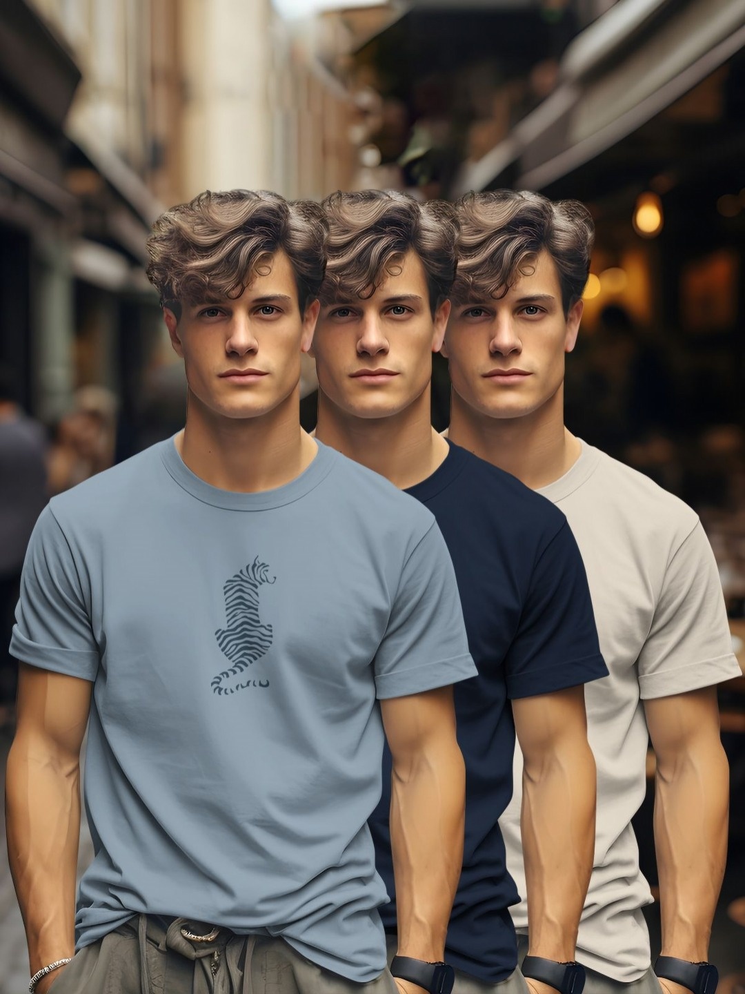 

BULLMER Men Pack Of 3 Graphic Printed Round Neck Cotton T-shirts, Grey