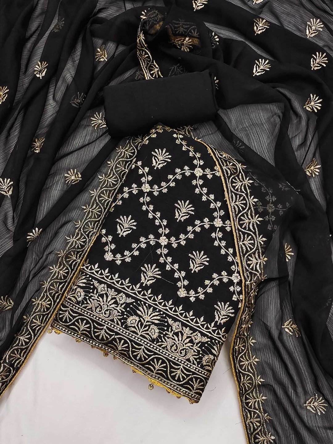 

Panzora Floral Embroidered Thread Work Unstitched Dress Material, Black