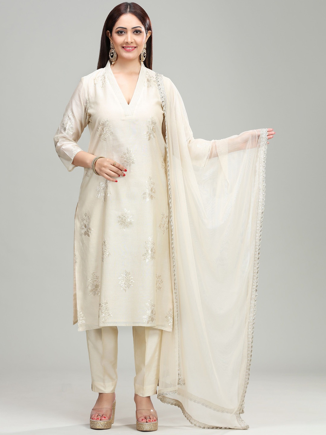 

COTTON CULTURE Floral Embroidered Chanderi Silk Straight Kurta With Palazzos & Dupatta, Cream