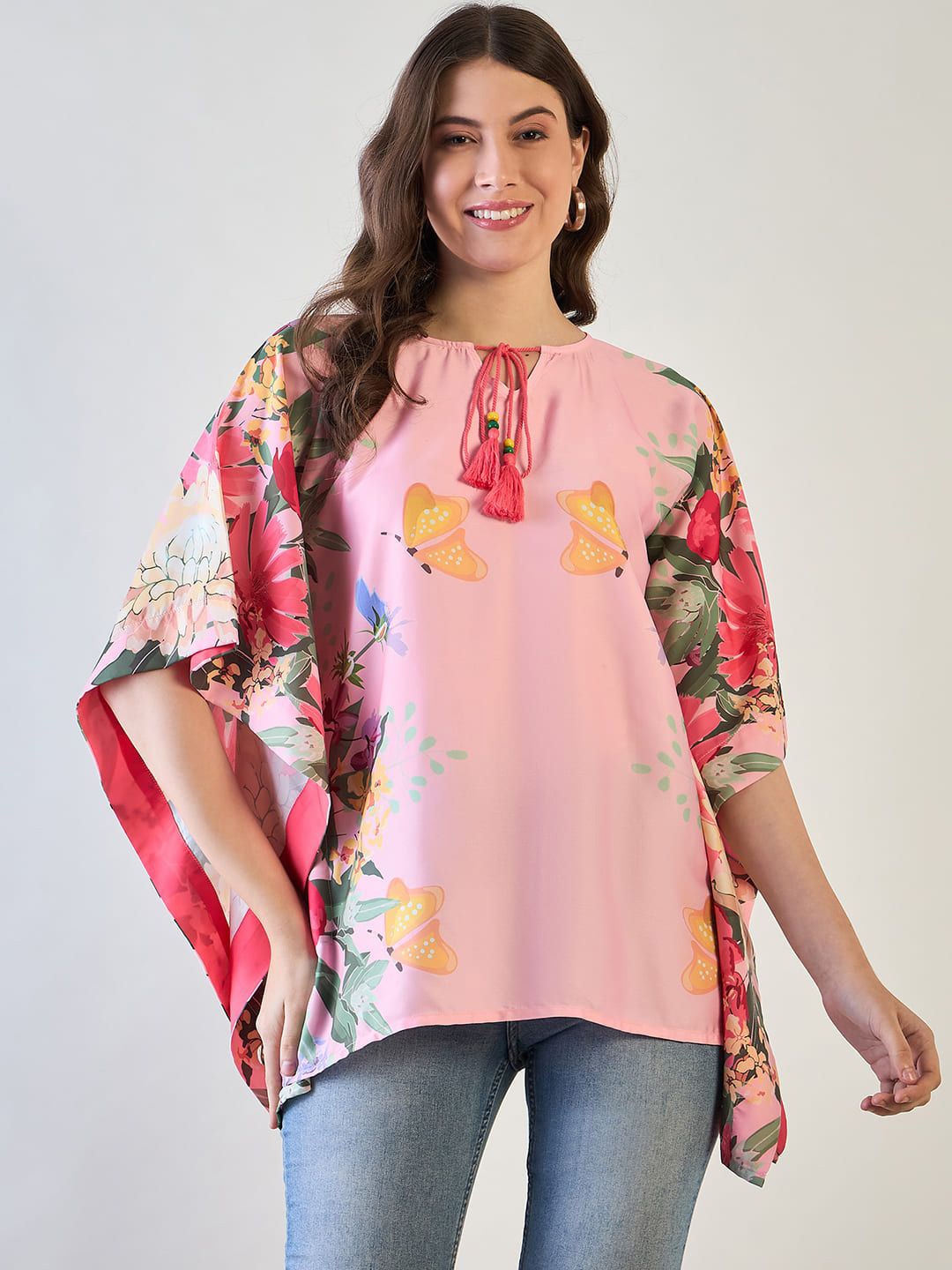 

The Kaftan Company Women Floral Printed Cape Sleeves Kaftan Top, Pink