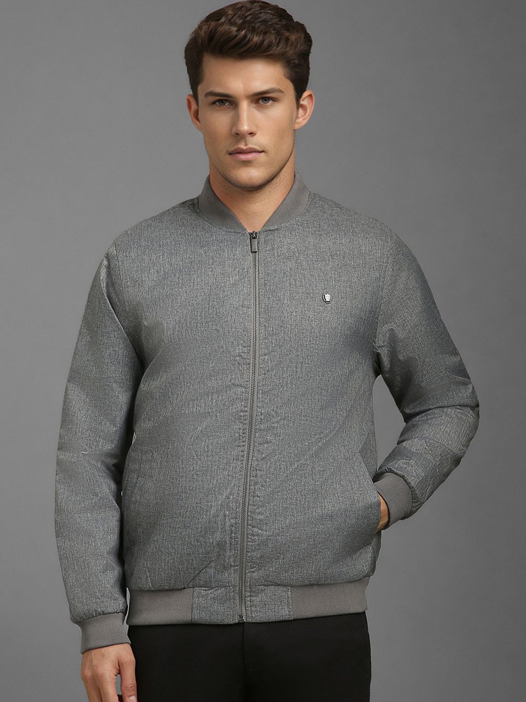 

Louis Philippe Men Stand Collar Solid Casual Bomber Jacket, Grey
