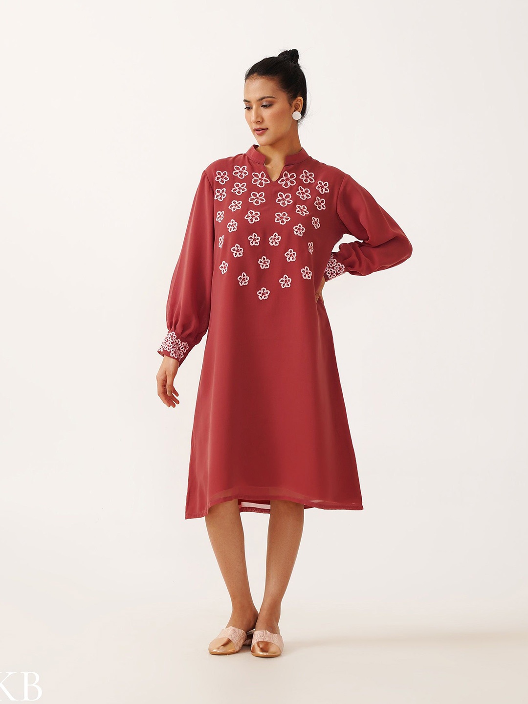 

Kashmir Box Women A-Line Mandarin Collar Straight Embroidered Dress, Maroon