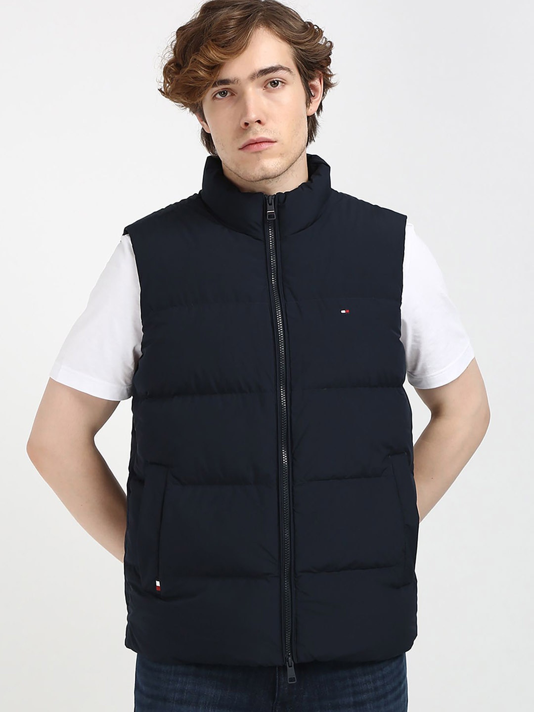 

Tommy Hilfiger Men Mock Collar Solid Casual Bomber Jacket, Navy blue
