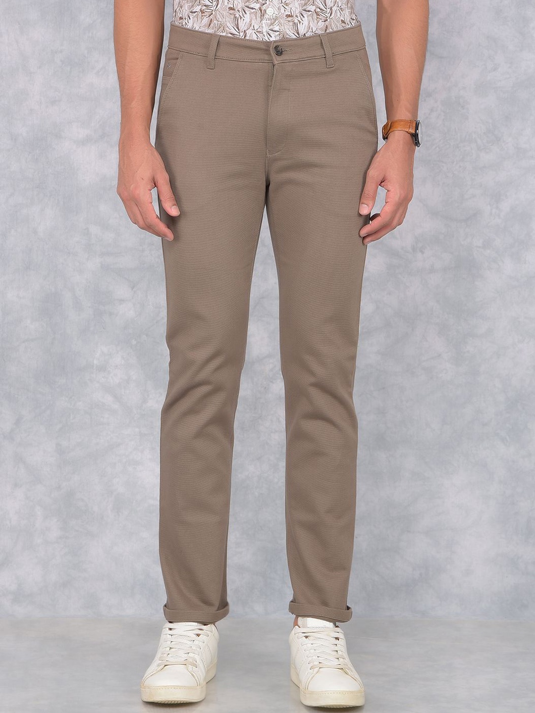 

Crimsoune Club Men Cotton Printed Smart Straight Fit Chinos Trousers, Brown