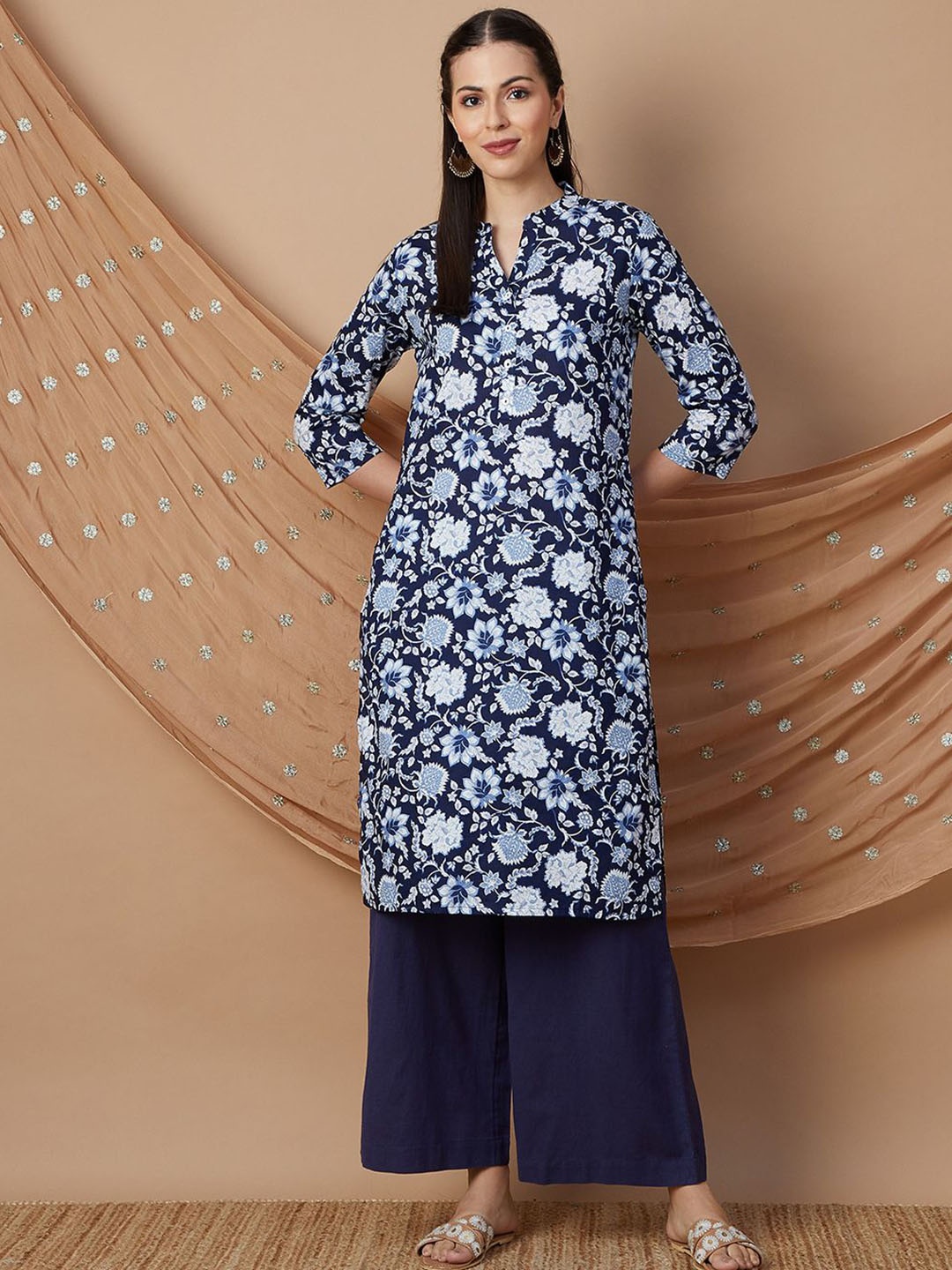 

Melange by Lifestyle Floral Printed Mandarin Collar Cotton Straight Kurta, Blue