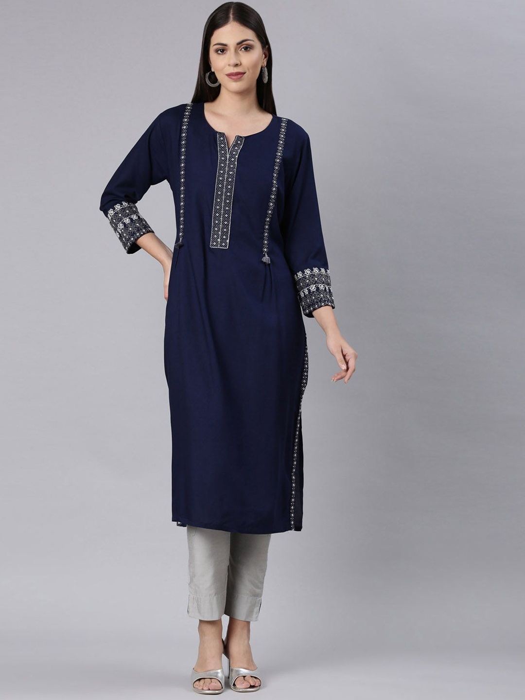 

Neerus Floral Yoke Design Round Neck Sequinned Straight Kurta, Navy blue