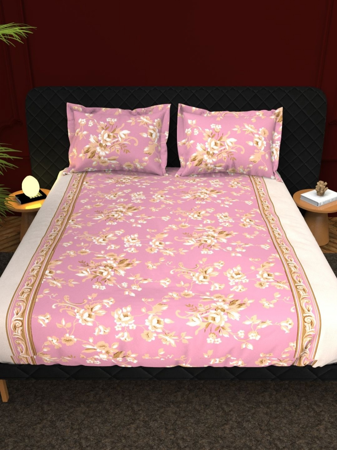 

THE WHITE MOSS Pink & Brown Floral Cotton 210 TC King Bedsheet Set 2.75 m x 2.75 m