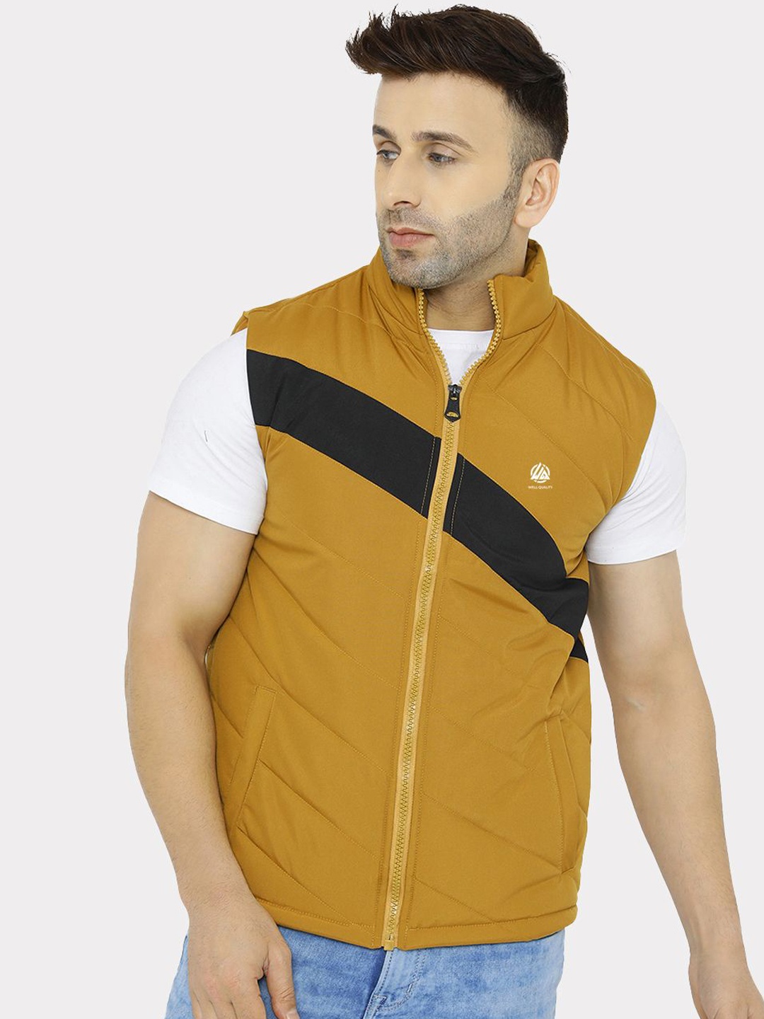

WELL QUALITY Men Mock Collar Striped Casual Padded Jacket, Mustard