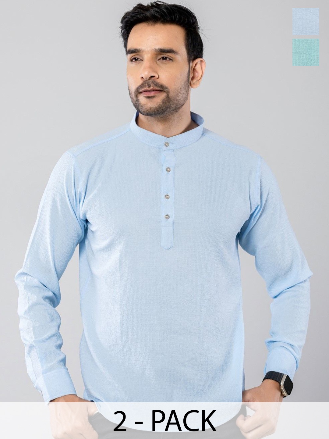 

Aanys Culture Selection of 2 Mandarin Collar Long Sleeves Straight Short Kurtas, Blue