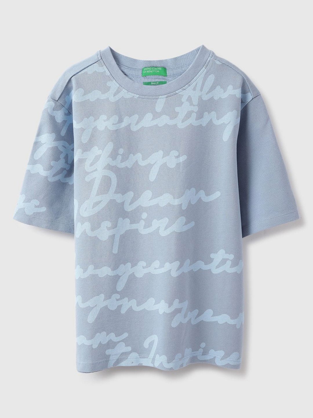 

United Colors of Benetton Boys Typography Printed Round Neck Pure Cotton Oversized T-shirt, Blue