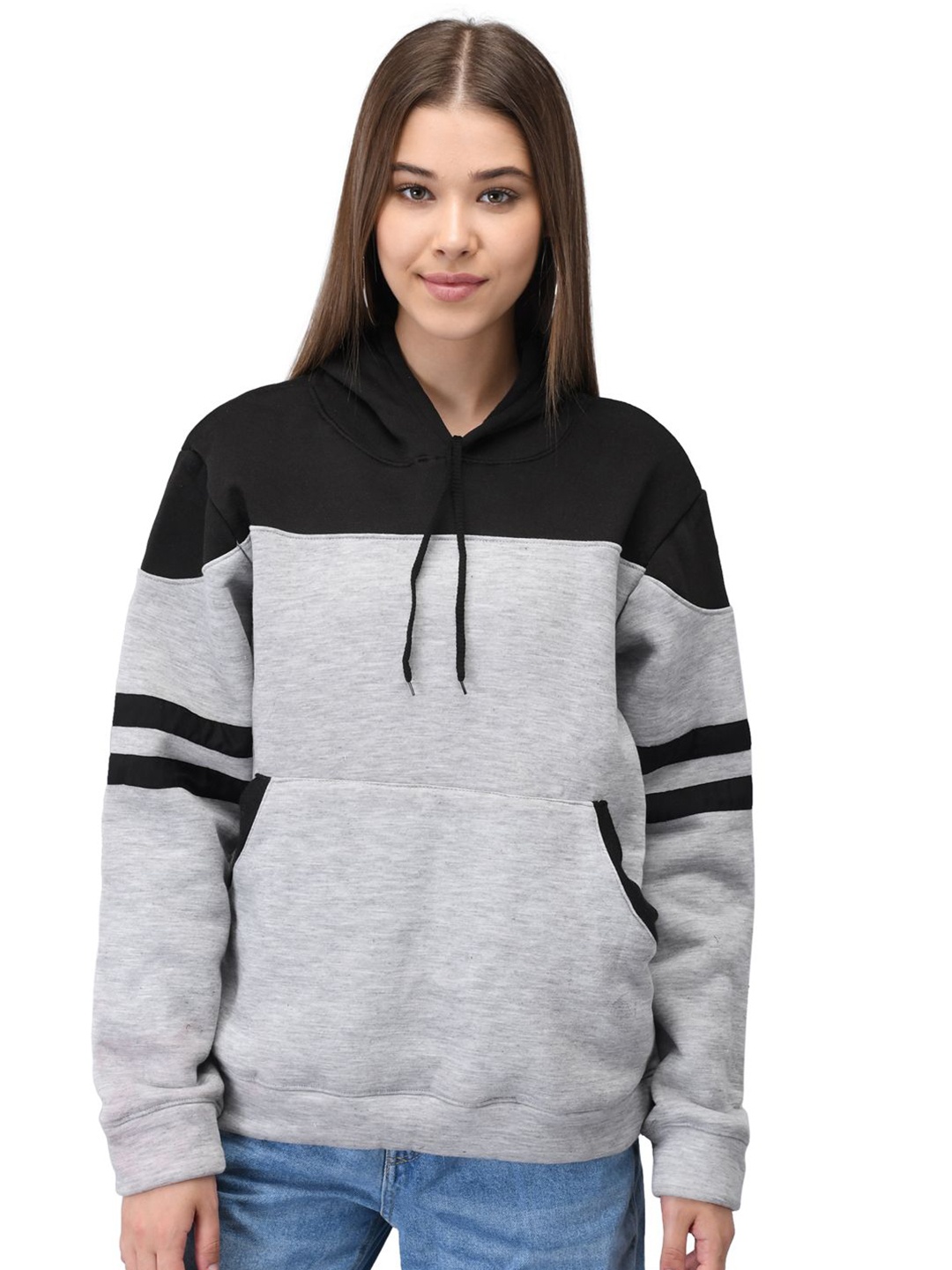 

Raabta Fashion Women Colourblocked Hooded Sweatshirt, Grey