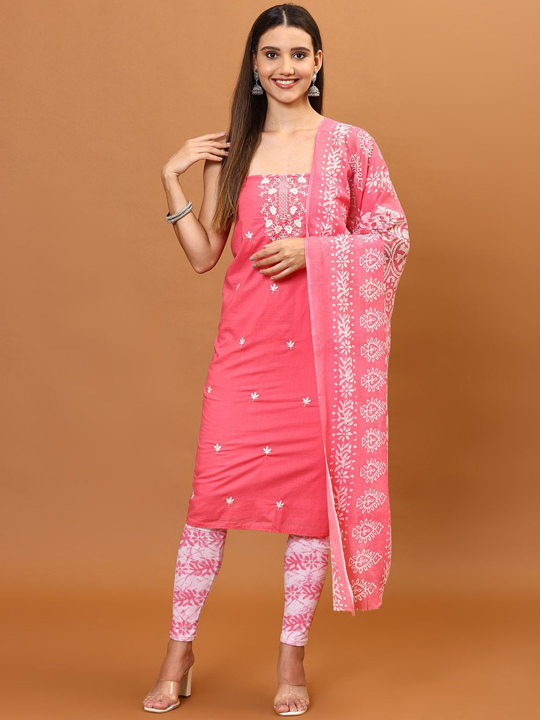 

Meena Bazaar Floral Embroidered Unstitched Dress Material, Pink
