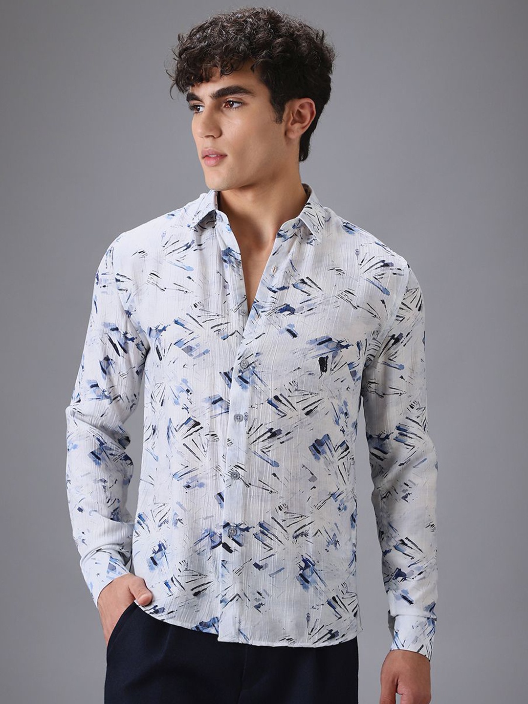 

Banana Club Men Classic Slim Fit Semi Sheer Printed Casual Shirt, Blue