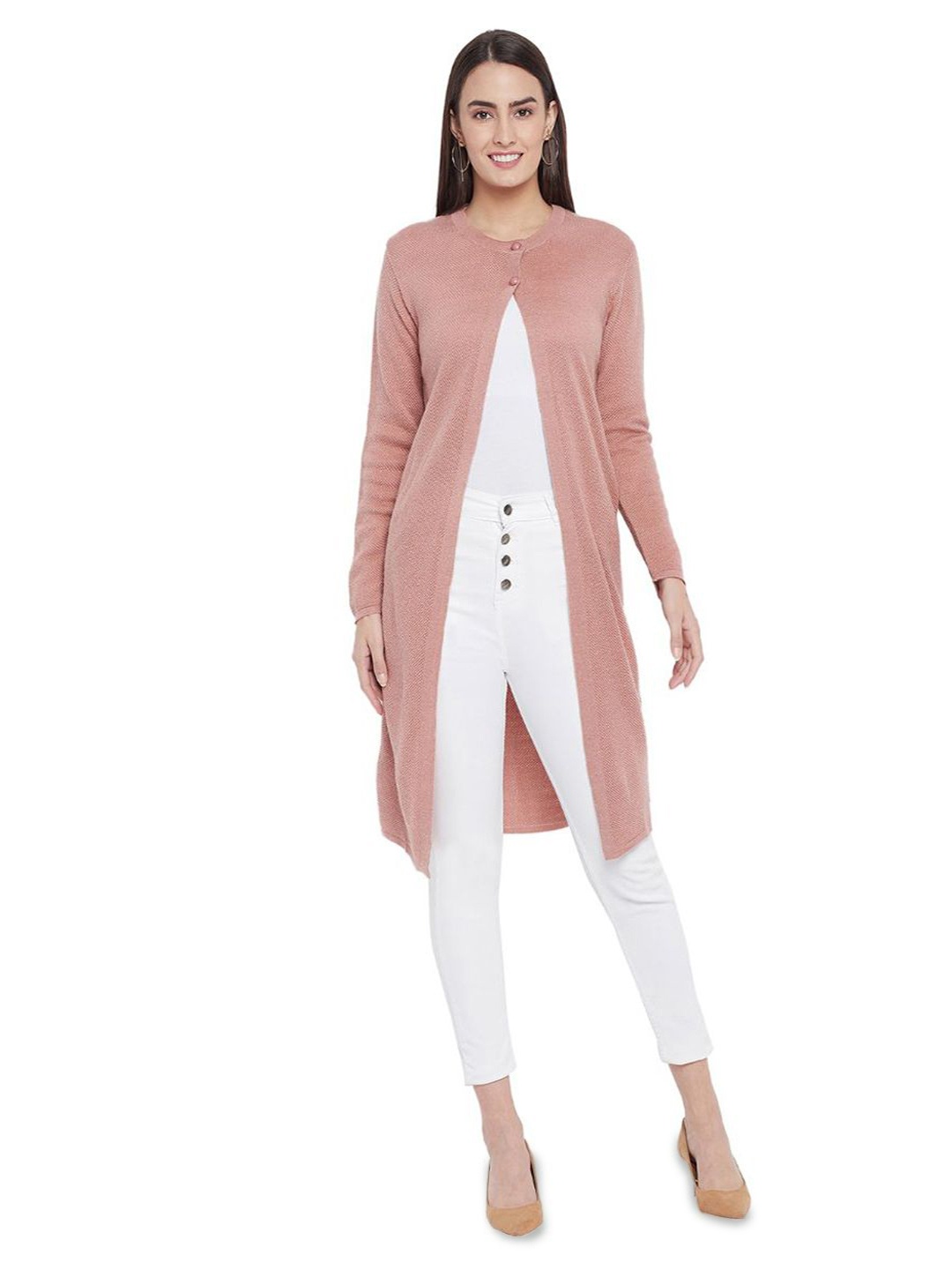 

CLAPTON Self Design Woollen Longline Cardigan Sweaters, Peach