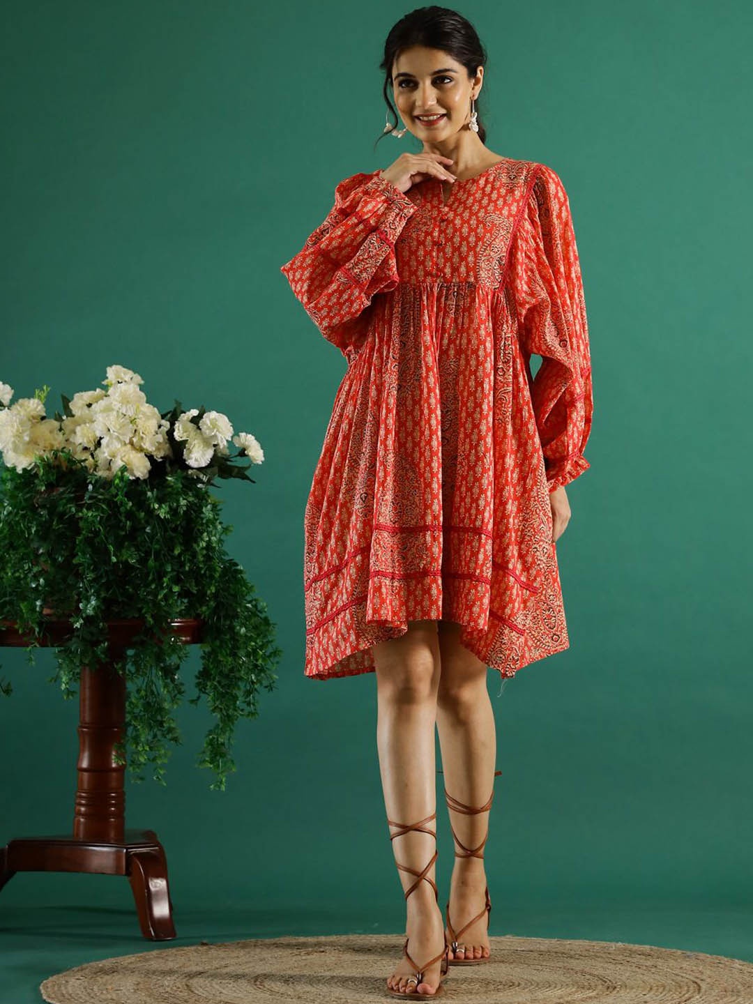

RangDeep Women Printed Fit & Flared Ethnic Dress, Red