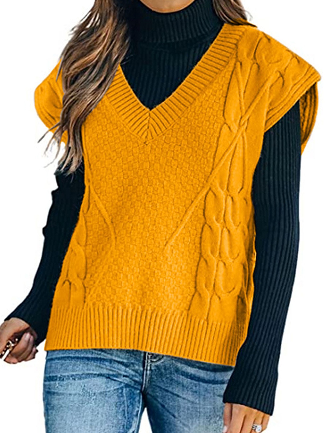 

LULU & SKY Women Self Design Cable Knit Sweater Vest, Yellow