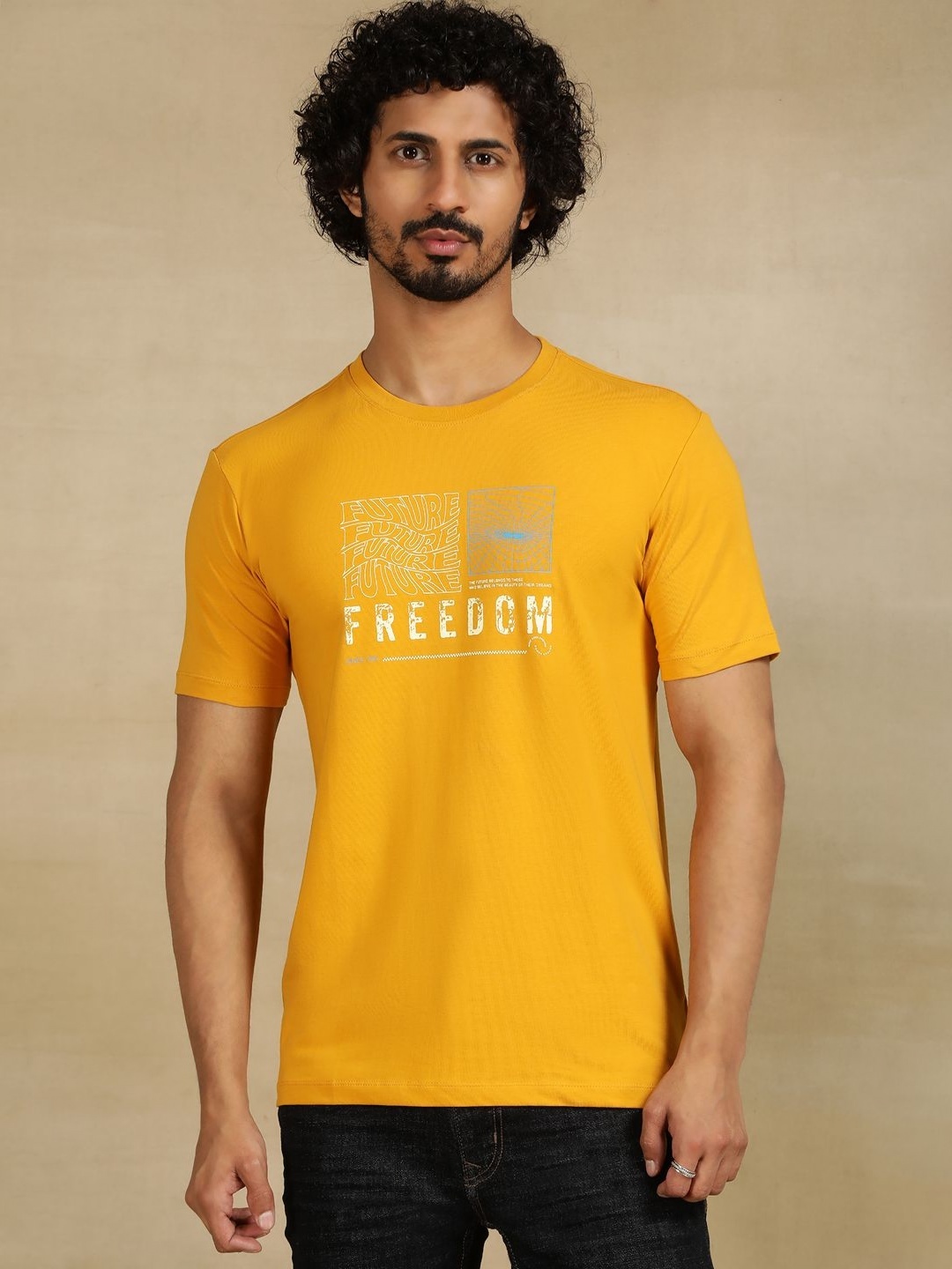 

JADE BLUE Men Typography Printed Round Neck Cotton Slim Fit T-shirt, Yellow
