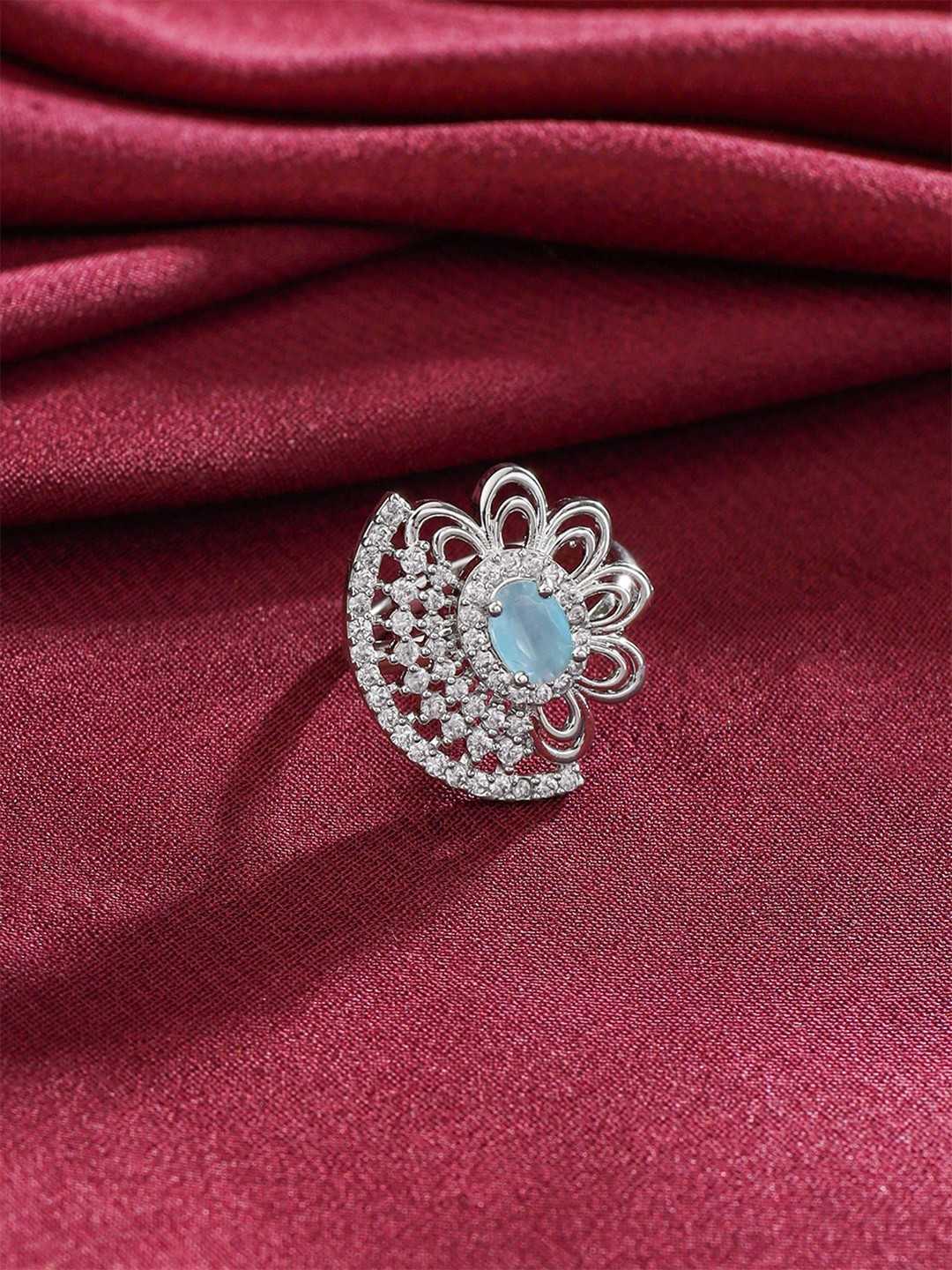

Yellow Chimes Rhodium-Plated American Diamond & Crystal Studded Adjustable Finger Ring, Silver