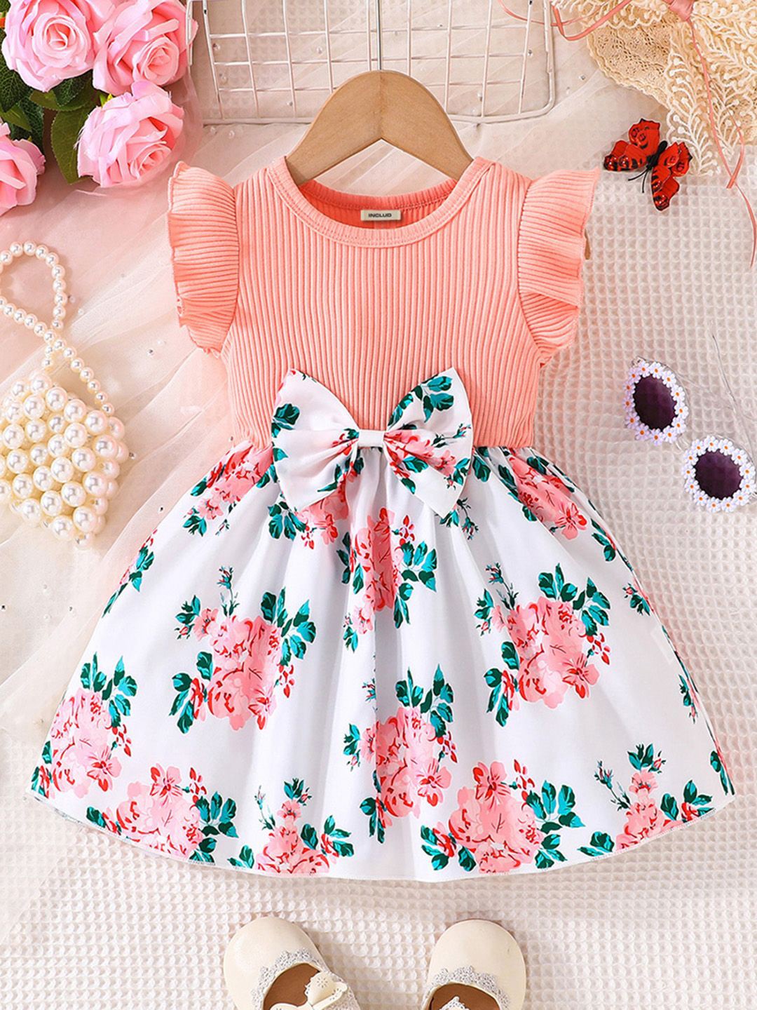 

INCLUD Girls Floral Printed Flutter Sleeve Fit & Flare Dress, Pink