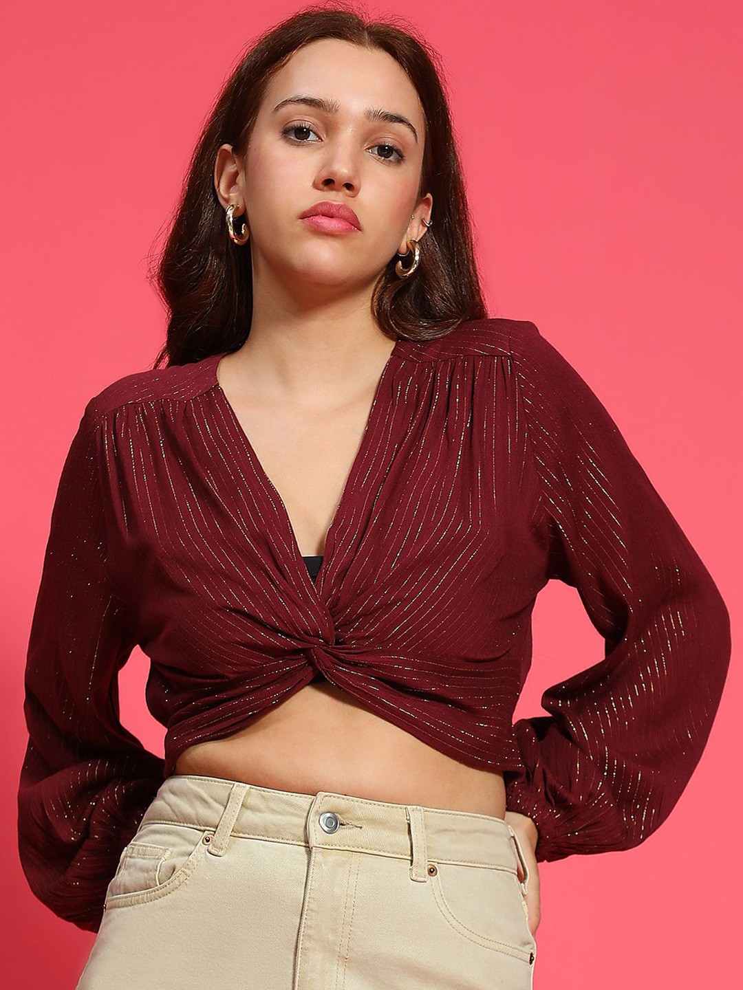 

Oxolloxo Women V-Neck Bishop Sleeves Wrap Crop Top, Maroon