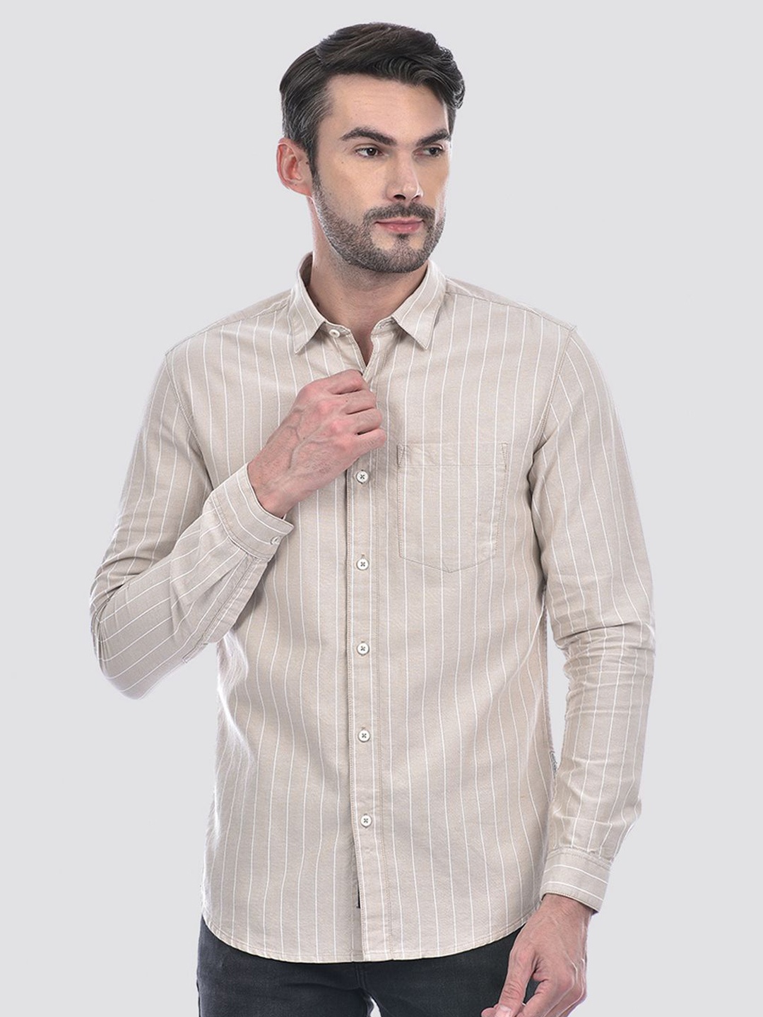 

Numero Uno Men Spread Collar Multi Striped Cotton Slim Fit Casual Shirt, Beige