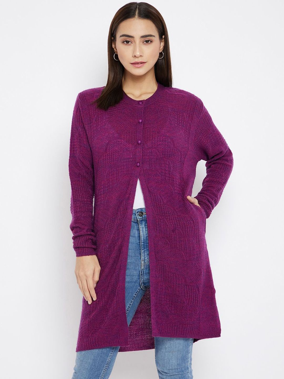 

Clapton Women Self Design Woolen Long Sleeve Cardigan Sweaters, Purple