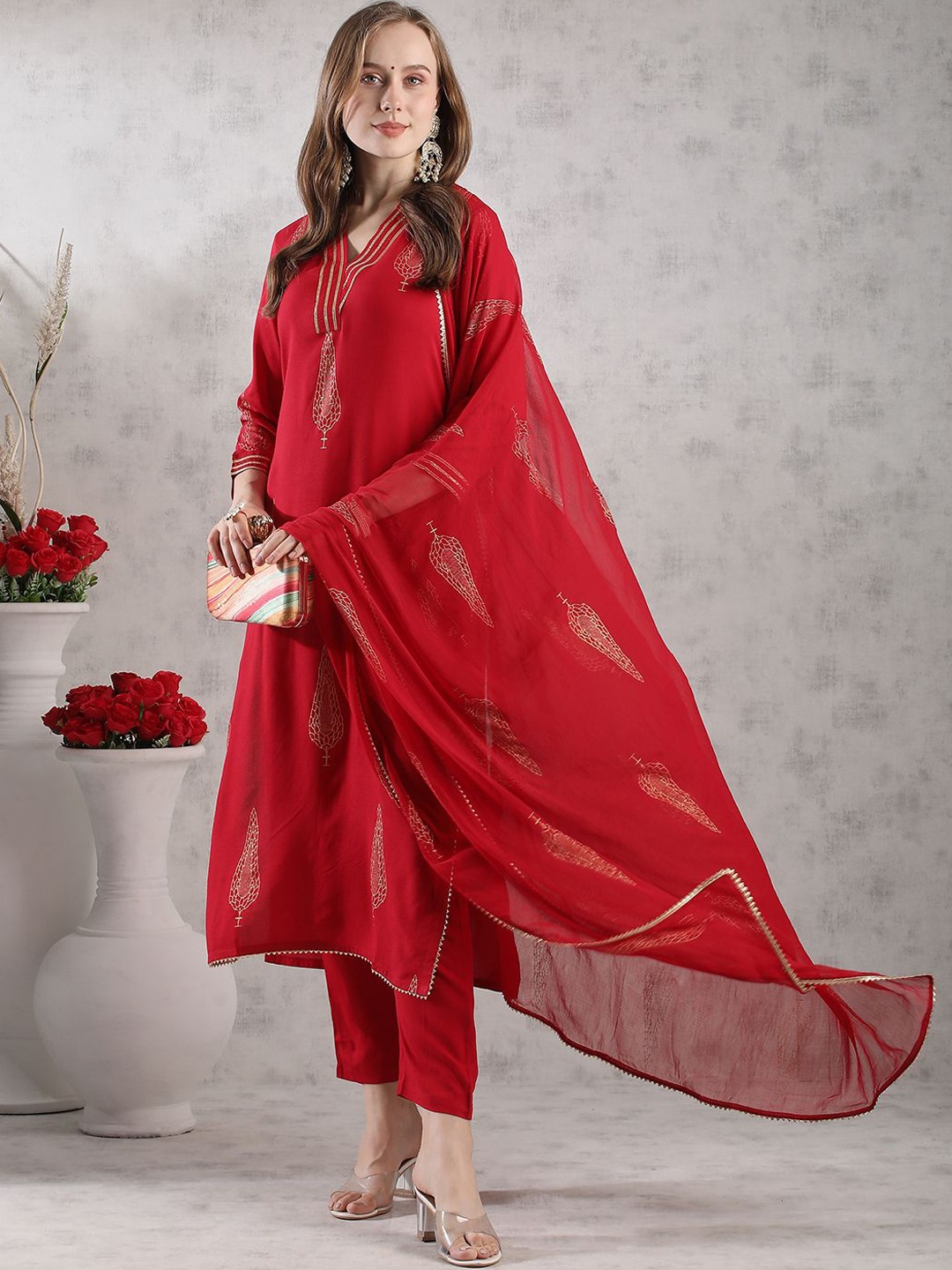

Anni Designer Floral Printed Regular Gotta Patti Straight Kurta with Trousers & Dupatta, Maroon