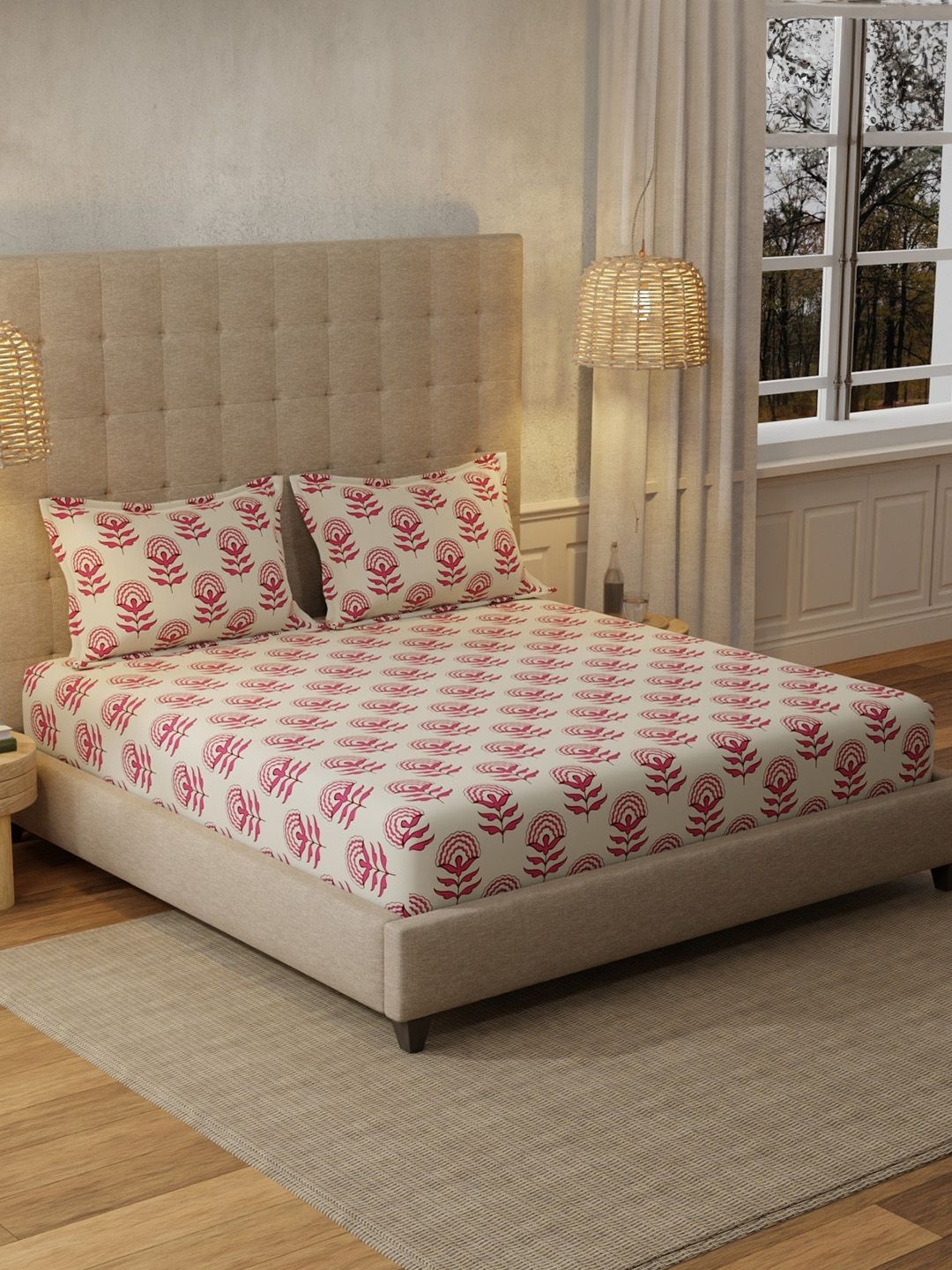

URBAN SPACE Florabell Cherry Red 200 TC Floral King Fitted Bedsheet