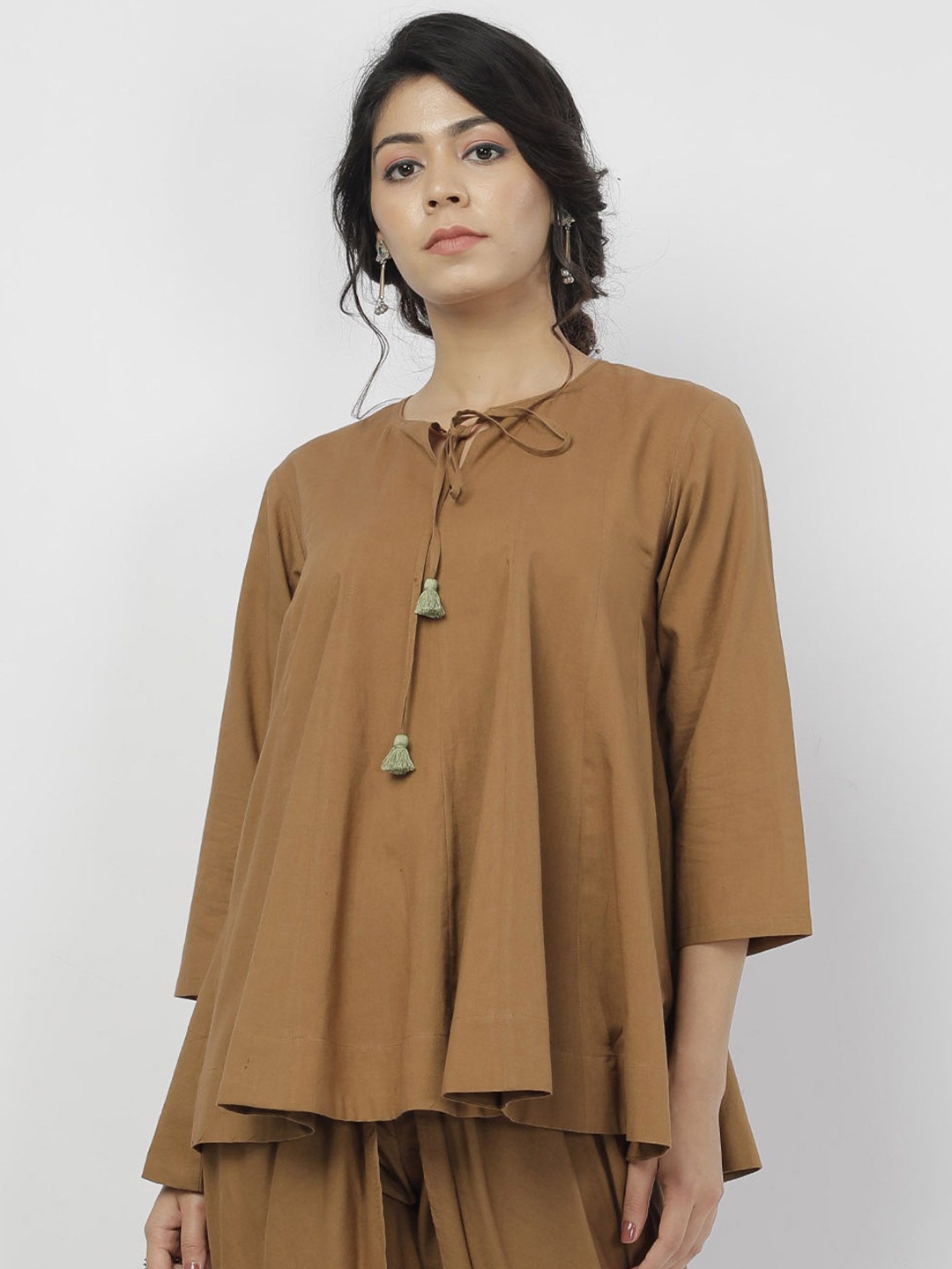 

TJORI Women Tie-Up Neck Cotton Regular Top, Khaki