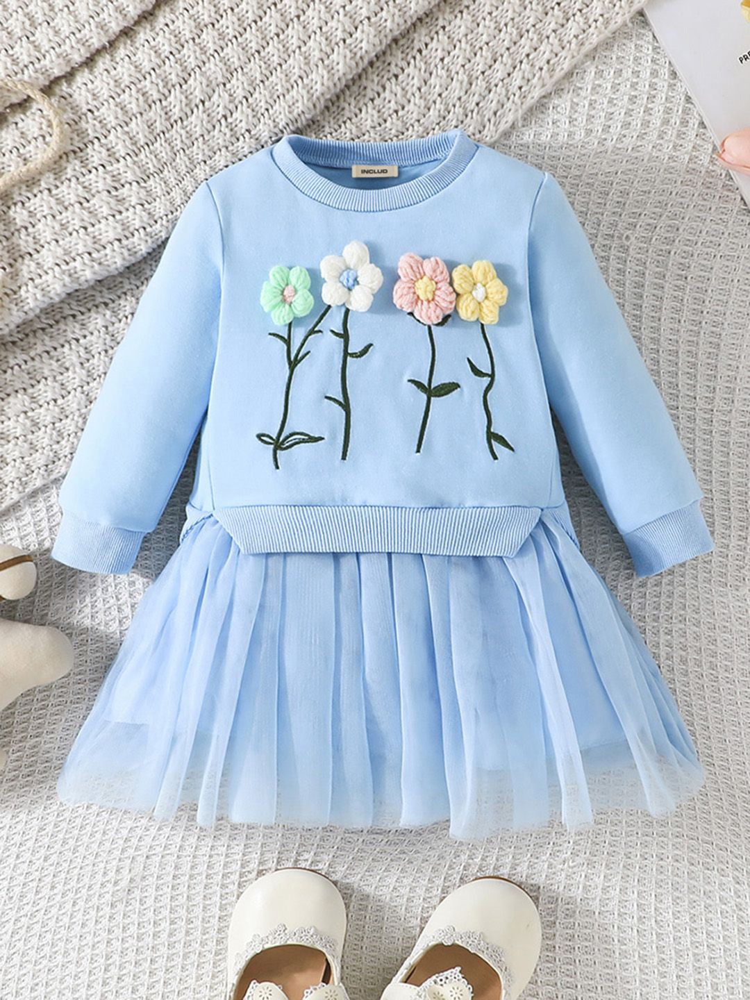 

INCLUD Girls Embroidered Round Neck Long Sleeves Fit & Flare Casual Dress, Blue