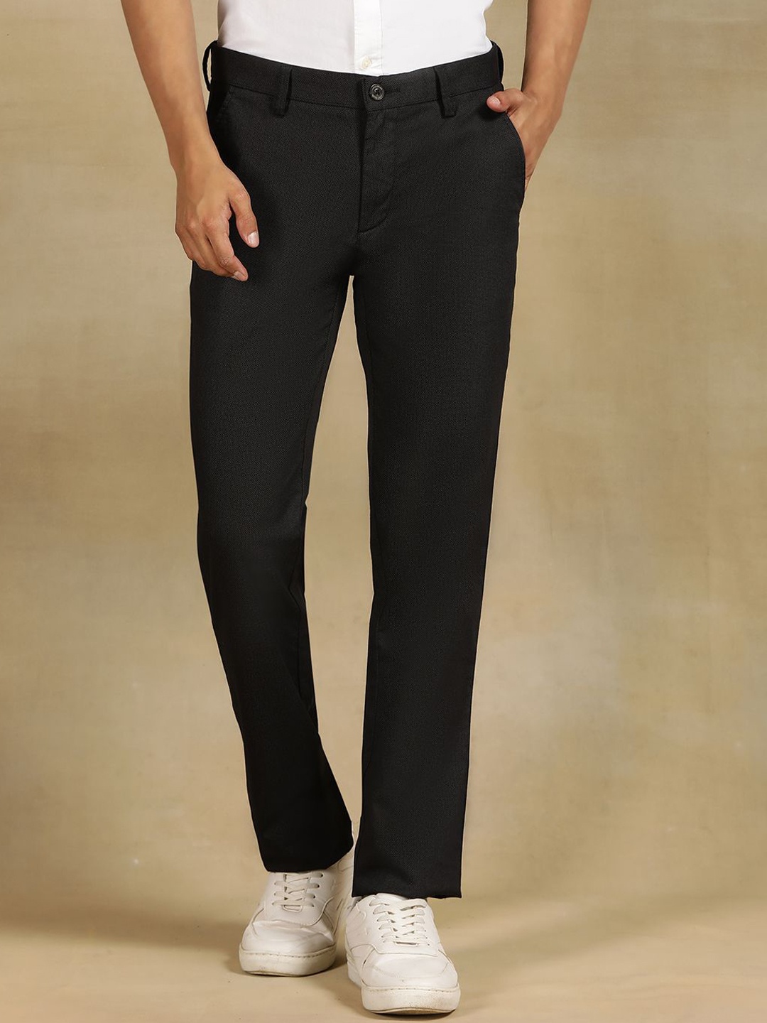 

JADE BLUE Men Cotton Mid-Rise Printed Slim Fit Trousers, Black