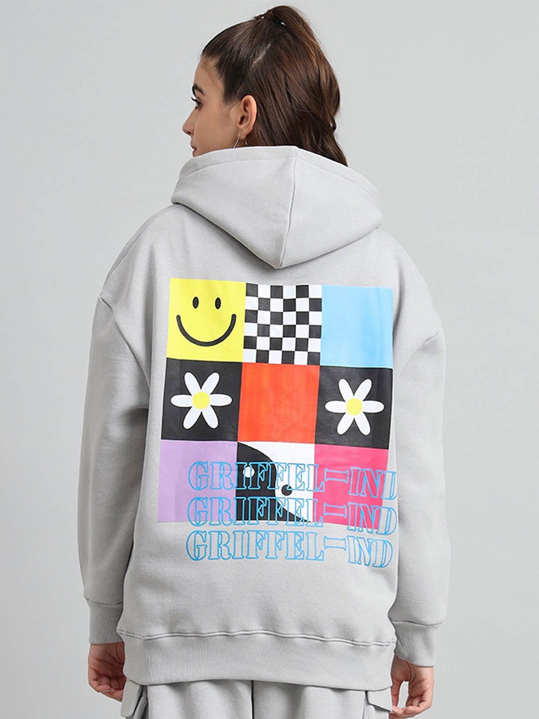 

GRIFFEL Women Grey Printed Full Sleeves Fleece Hood neck Sweatshirt, Grey melange
