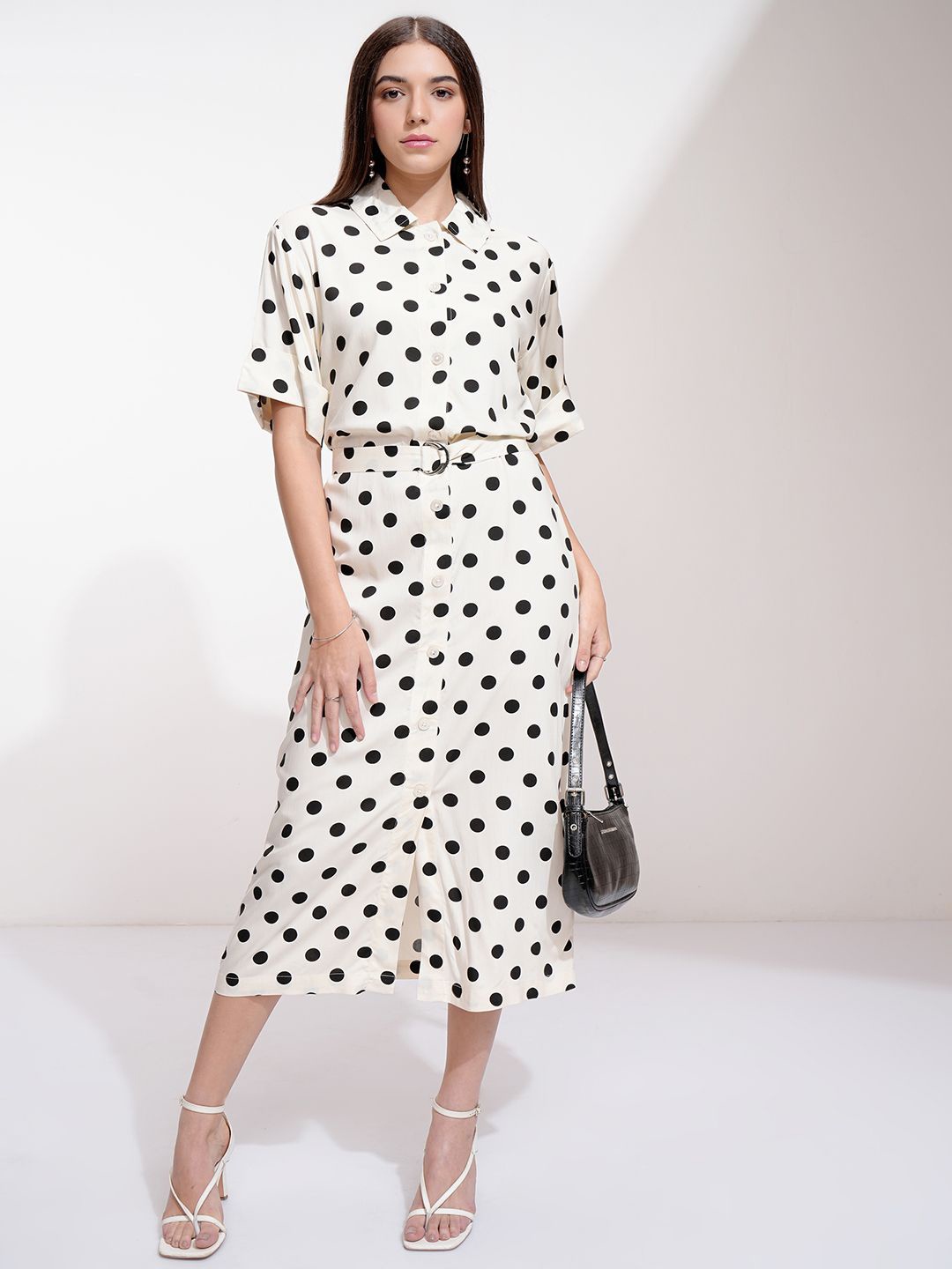 

ESPYR By Tokyo Talkies Women Polka Dot Printed Shirt Midi Dress, Off white