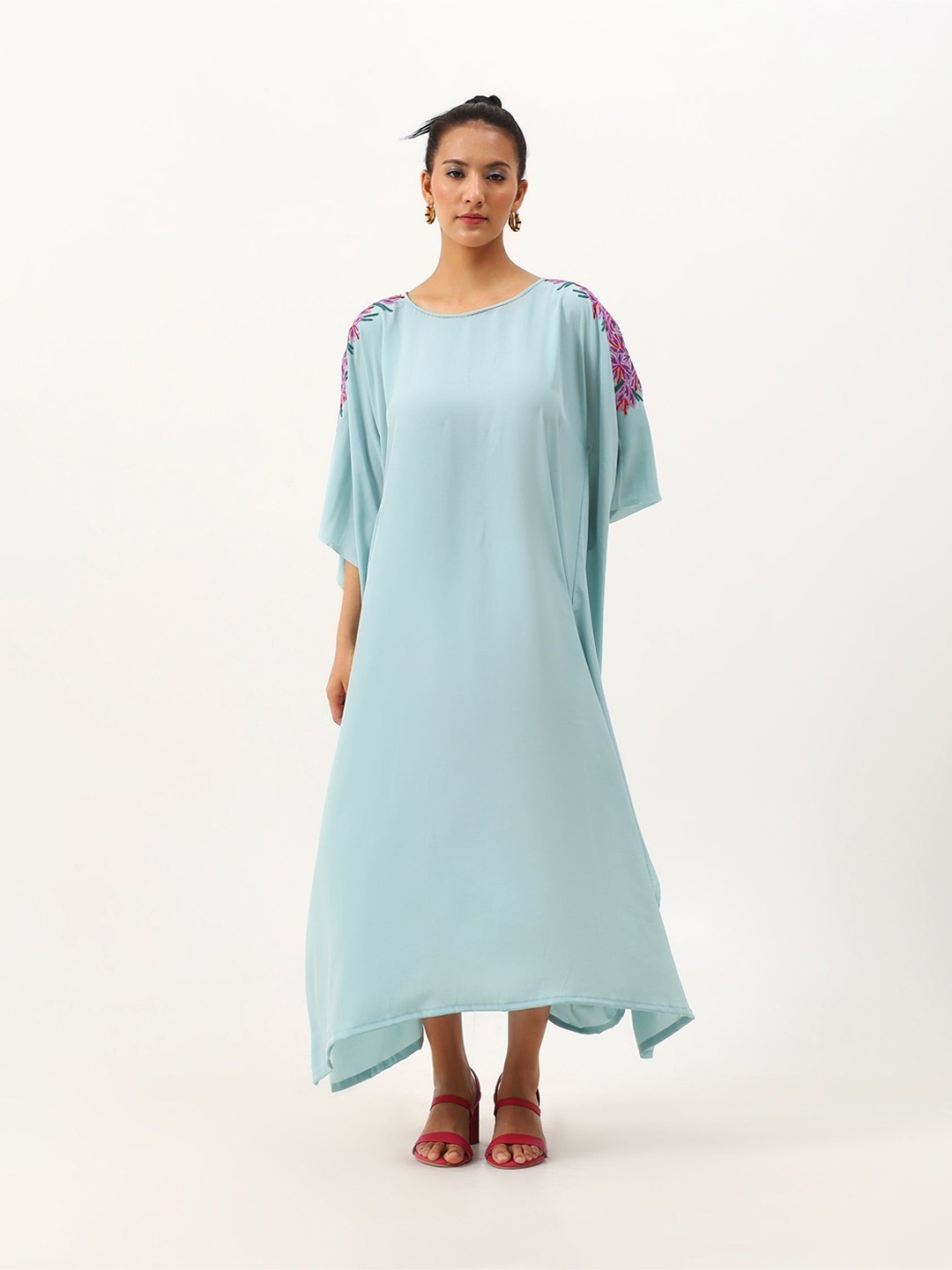 

Kashmir Box Women Round Neck Kimono Sleeve Embroidered Kaftan Maxi Dress, Blue