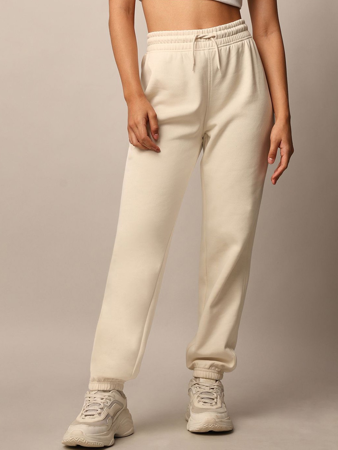 

ONLY Women Cotton Mid-Rise Joggers Trousers, Beige