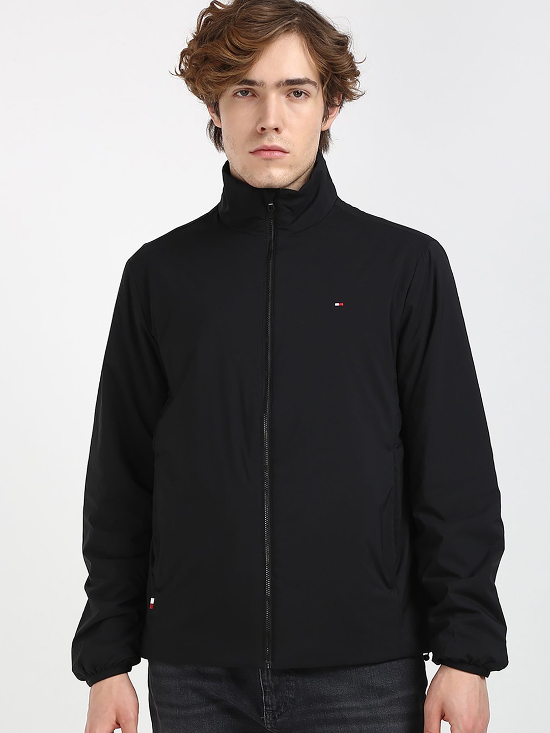 

Tommy Hilfiger Men Mock Collar Solid Casual Bomber Jacket, Black