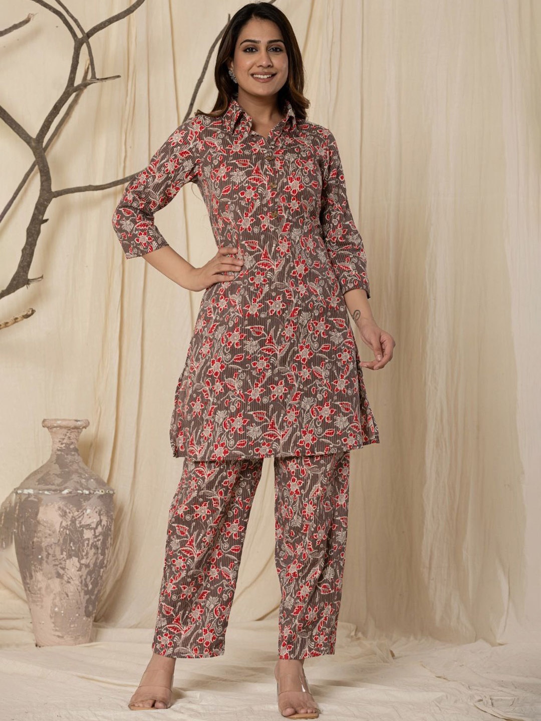 

VEDANA Printed Pure Cotton Tunic with Trouser Co-Ords, Brown