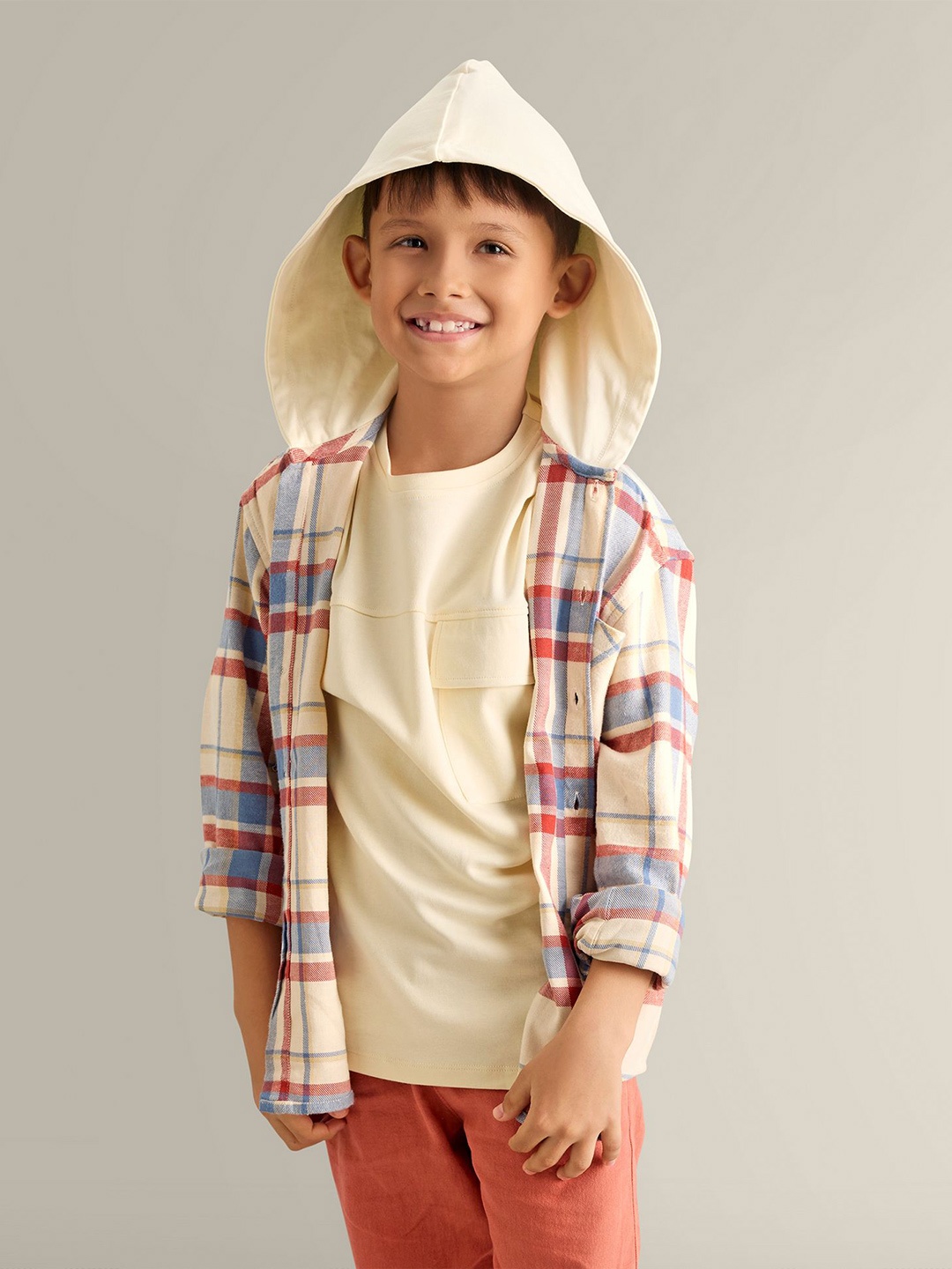 

My Milestones Boys Comfort Hood Checked Cotton Casual Shirt, Cream